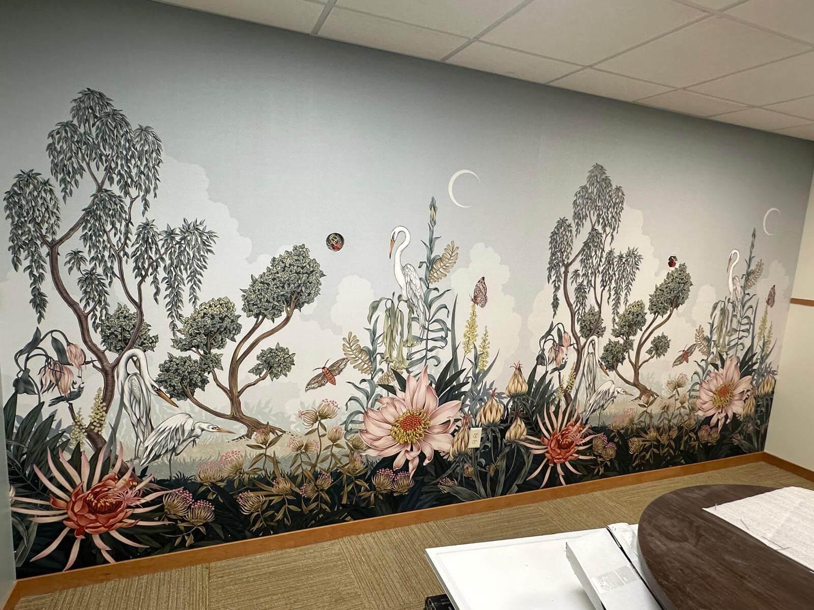 Landscape wallpaper mural consisting of Great Egret among trees and flowers.